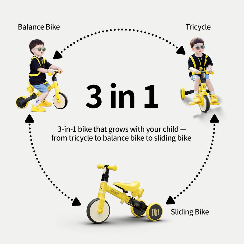B.Duck - 3-in-1 ToddlerBike, Balance, Sliding, Tricycle Modes, Adjustable Seat & Handlebar, Indoor/Outdoor, Yellow, 1.5-3 Y - Image 3